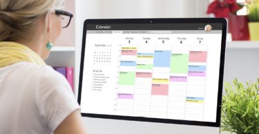 woman looking at digital planner