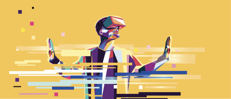 illustration of person in a virtual world with headset on