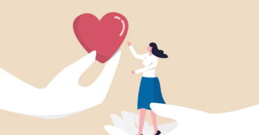 Illustration of woman standing on hand reaching for heart