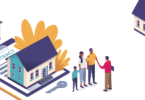 Illustration of people and houses